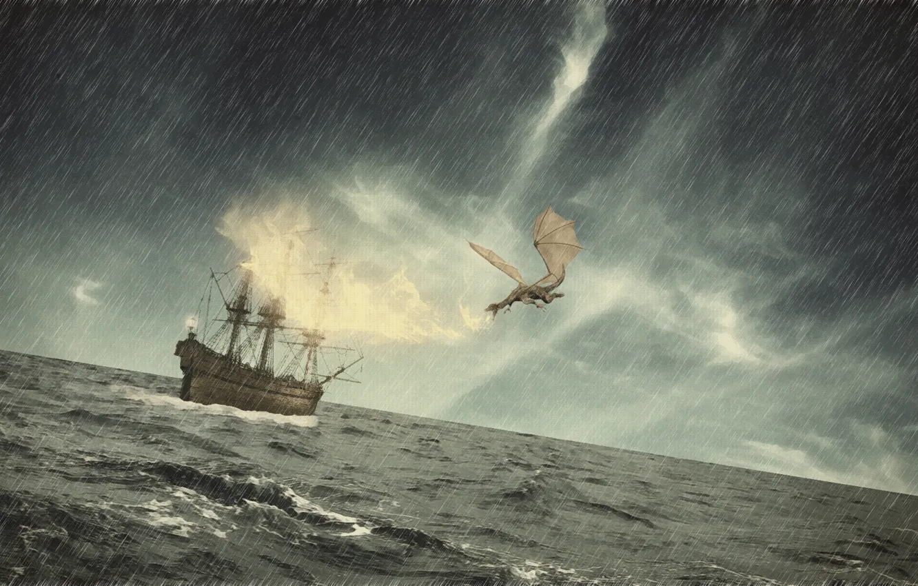 Photo wallpaper sea, wave, storm, rain, fire, dragon, ship