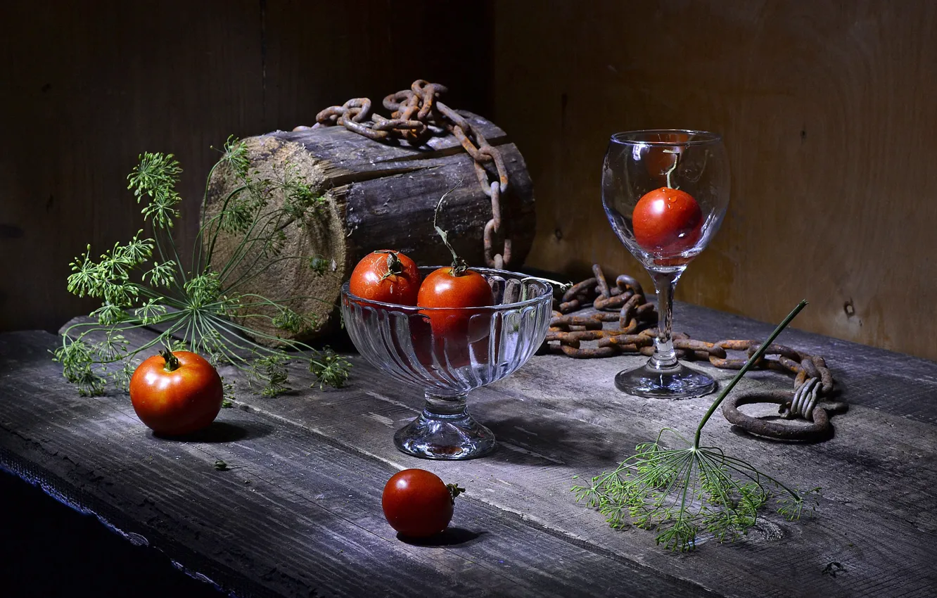 Photo wallpaper table, glass, chain, log, still life, tomatoes, items, vase