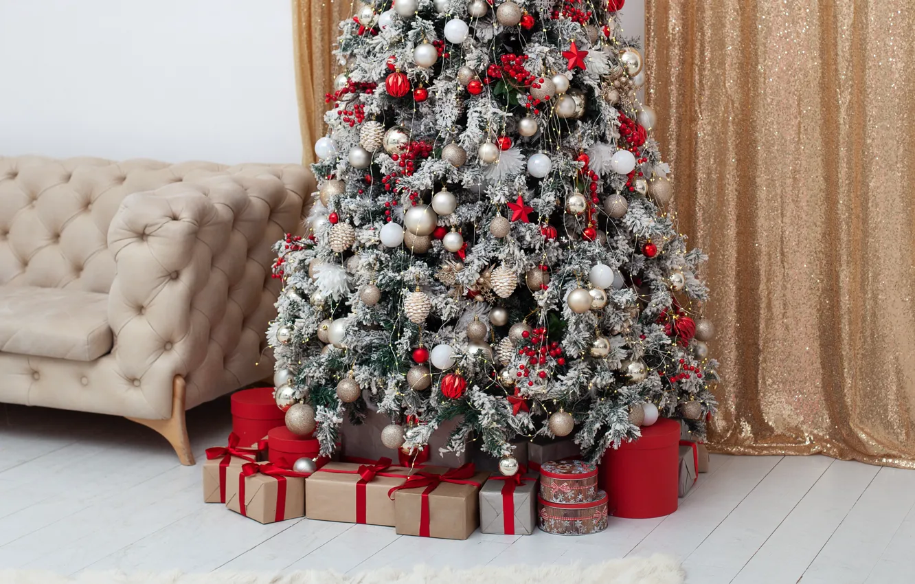 Photo wallpaper tree, new year, interior, gifts, garland