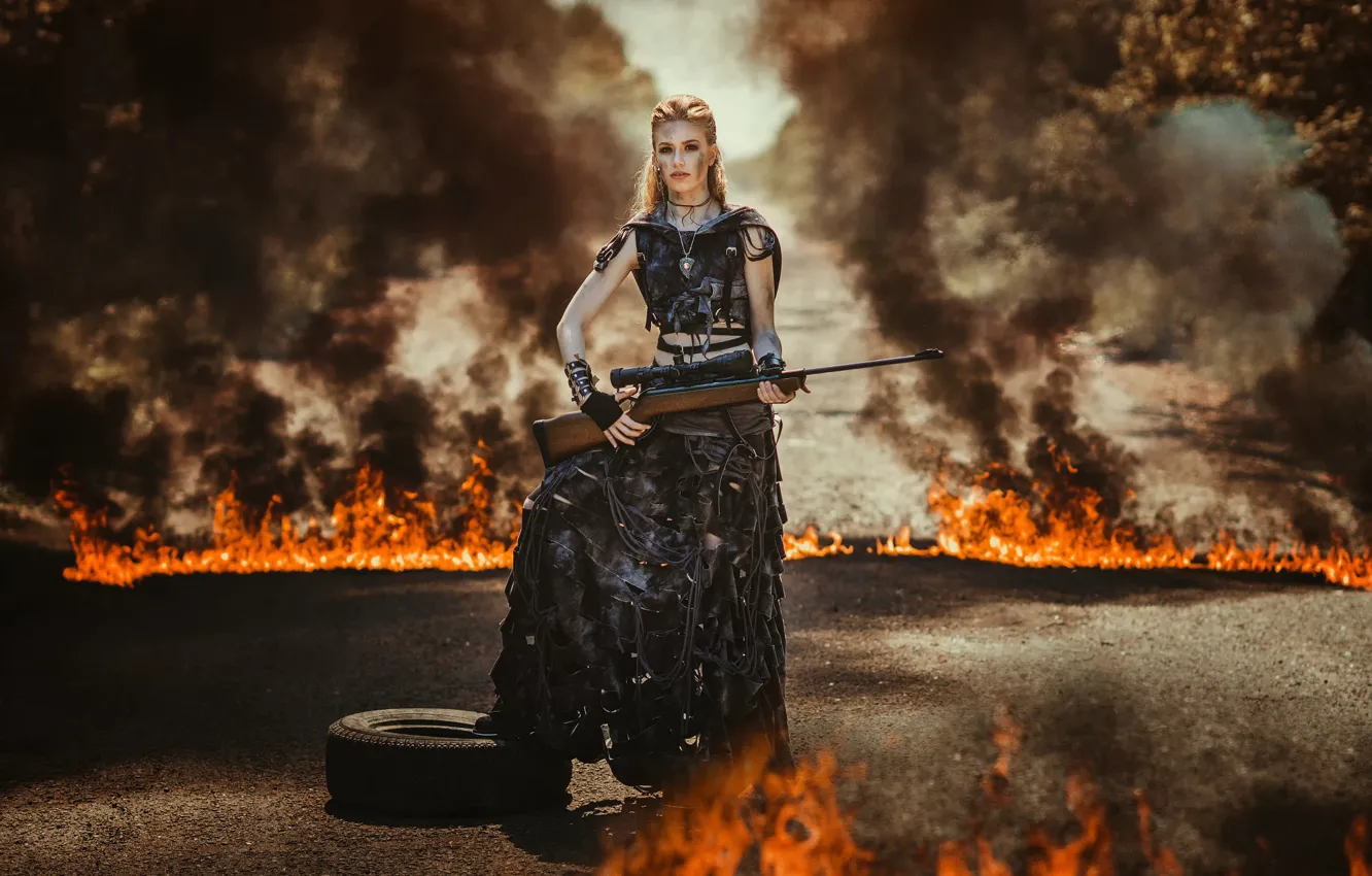 Photo wallpaper girl, fire, rifle, apocalypse