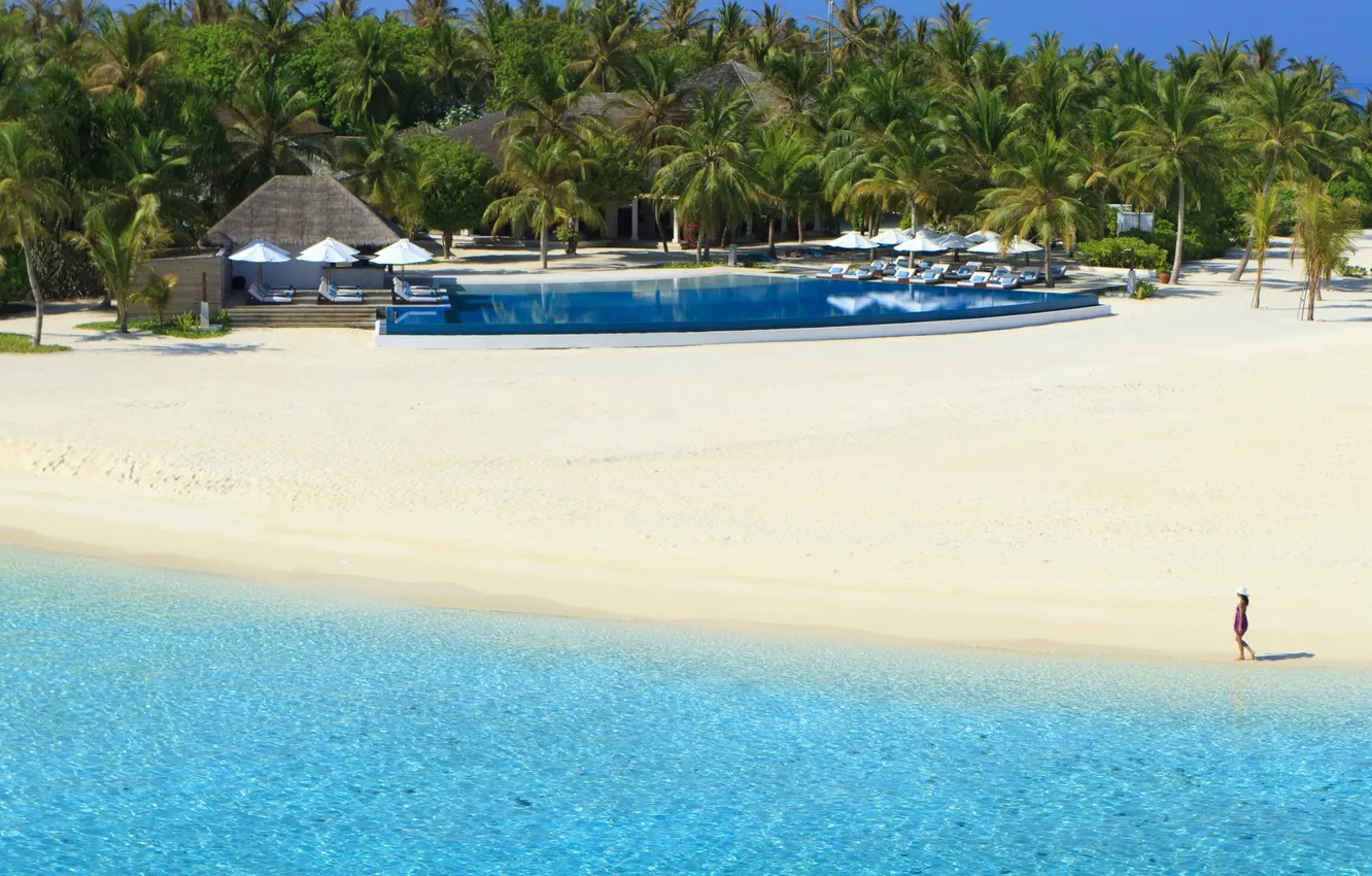 Photo wallpaper beach, water, girl, transparency, palm trees, the ocean, pool, resort