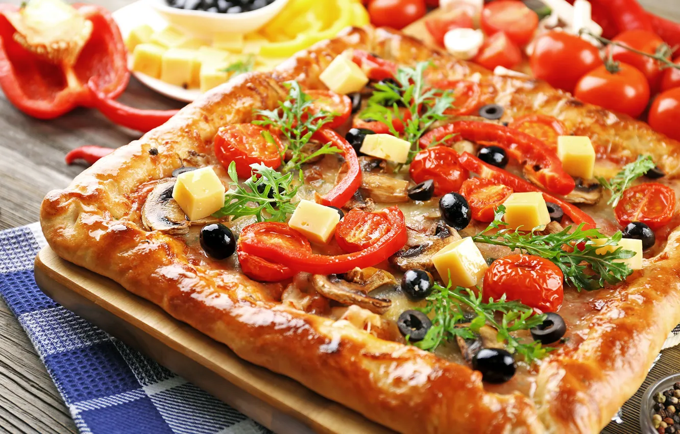 Photo wallpaper mushrooms, cheese, pizza, tomatoes, olives, pizza, filling, mushrooms