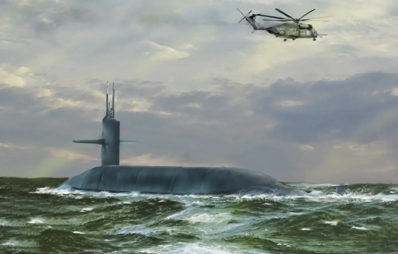 Photo wallpaper sea, wave, helicopter, hike, submarine