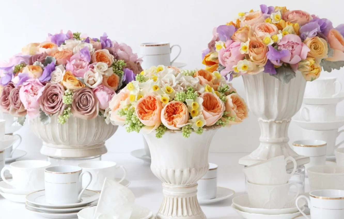 Photo wallpaper flowers, roses, daffodils, vases, bouquets, Ranunculus, serving, porcelain