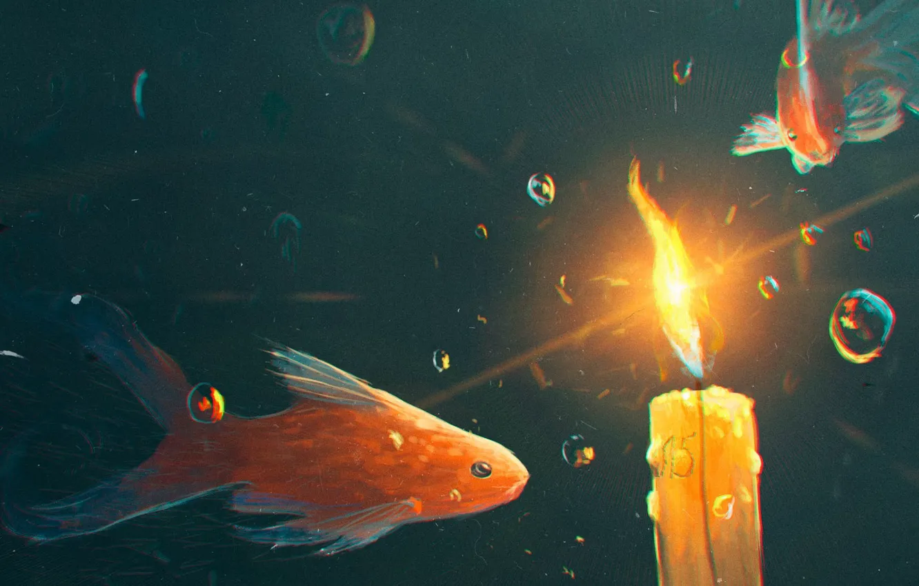Photo wallpaper light, bubbles, candle, fish, under water