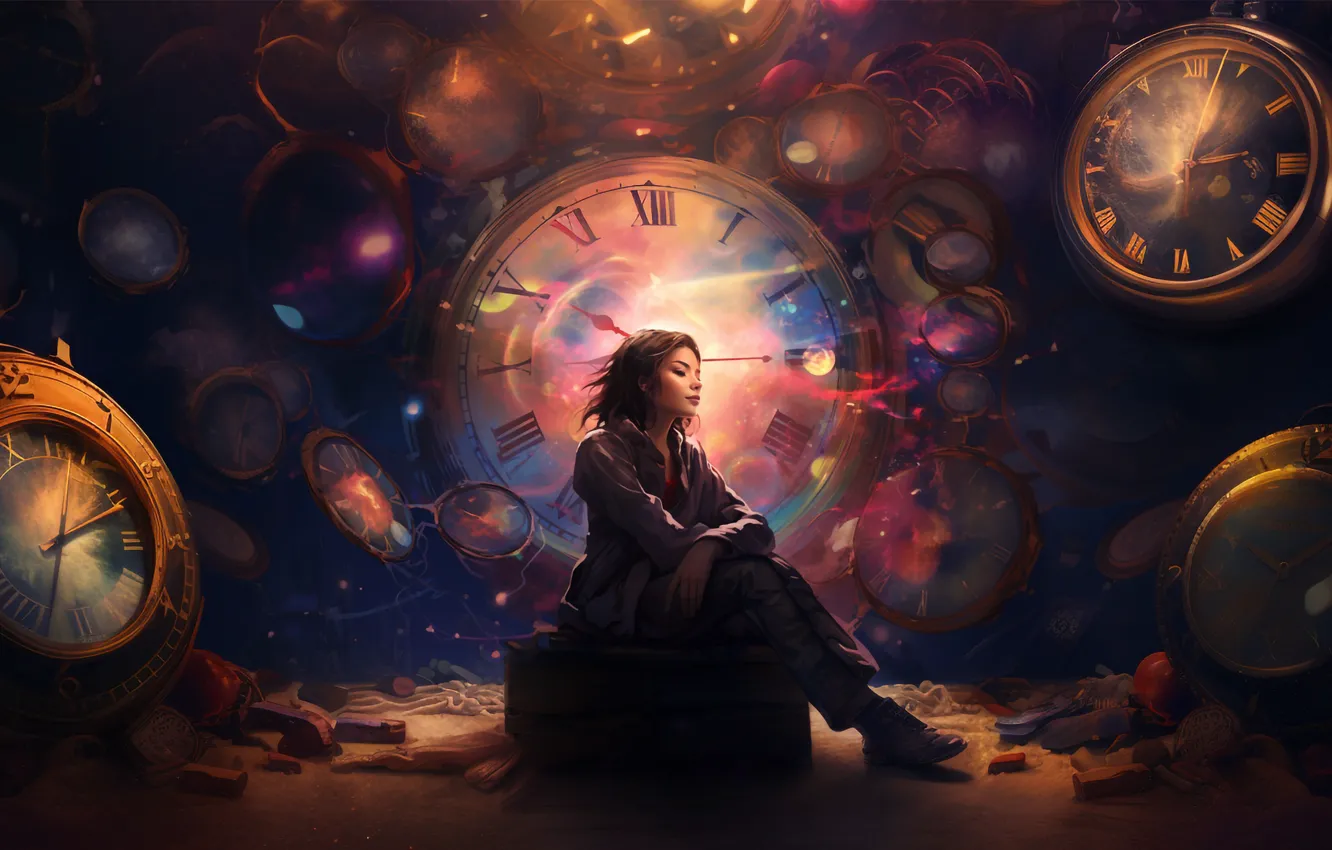Photo wallpaper AI art, dial, night, girl, sitting, space and time, a lot, light