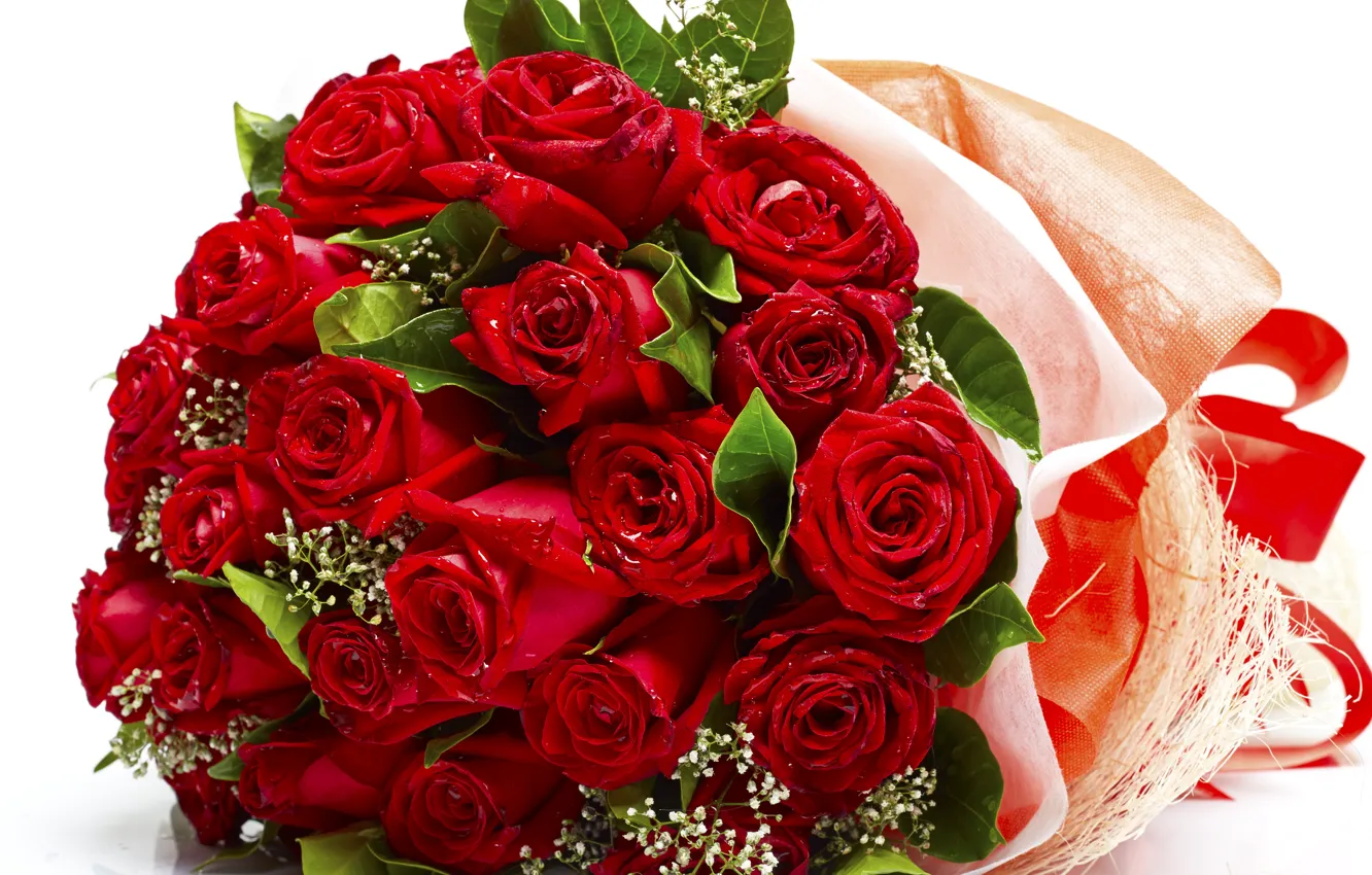 Photo wallpaper flowers, red, roses, bouquet, red, buds, flowers, romantic