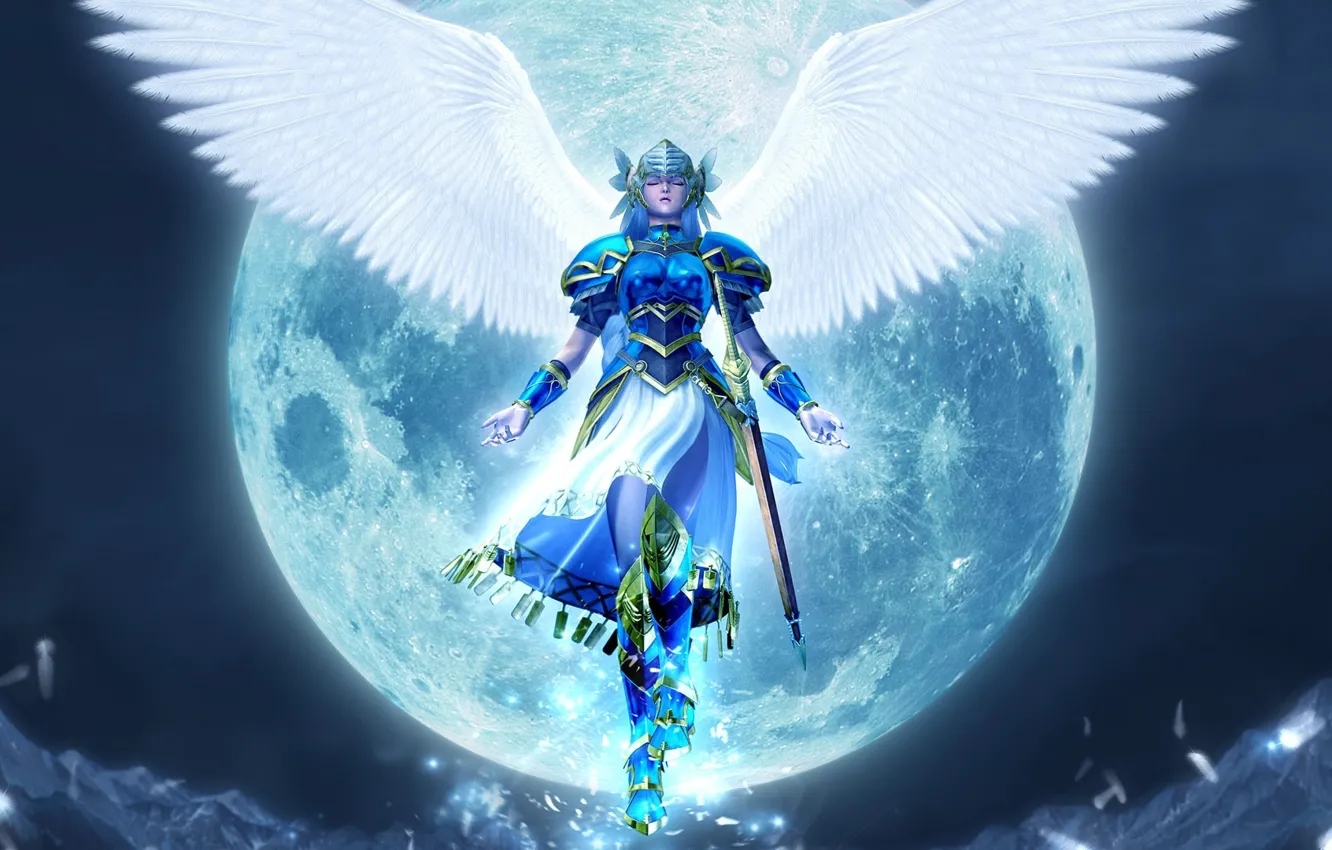 Photo wallpaper sword, armor, helmet, the full moon, Valkyrie, tail, closed eyes, white wings