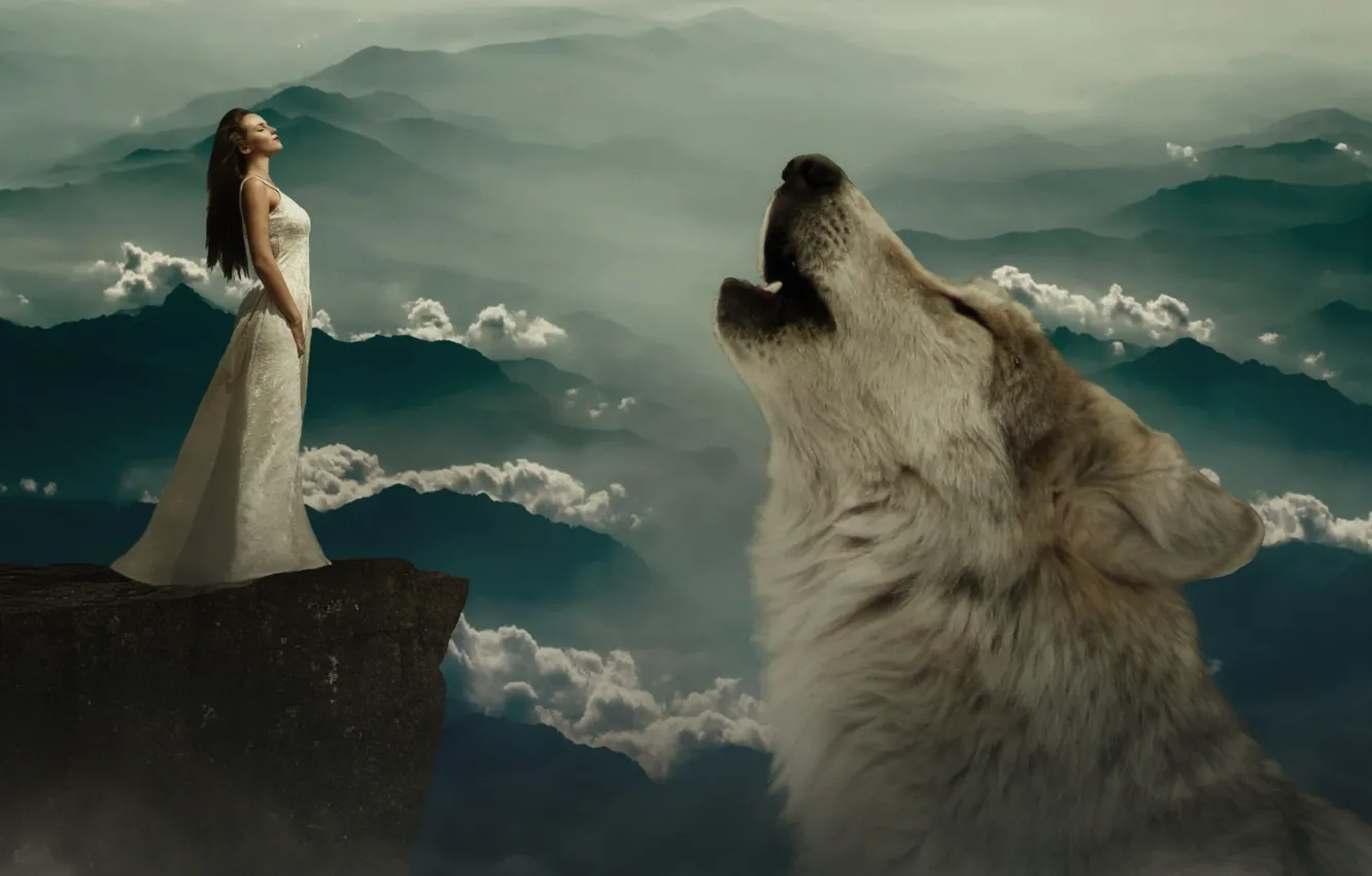 Photo wallpaper rock, fantasy, woman, wolf, Composing, fairy tales, dream world