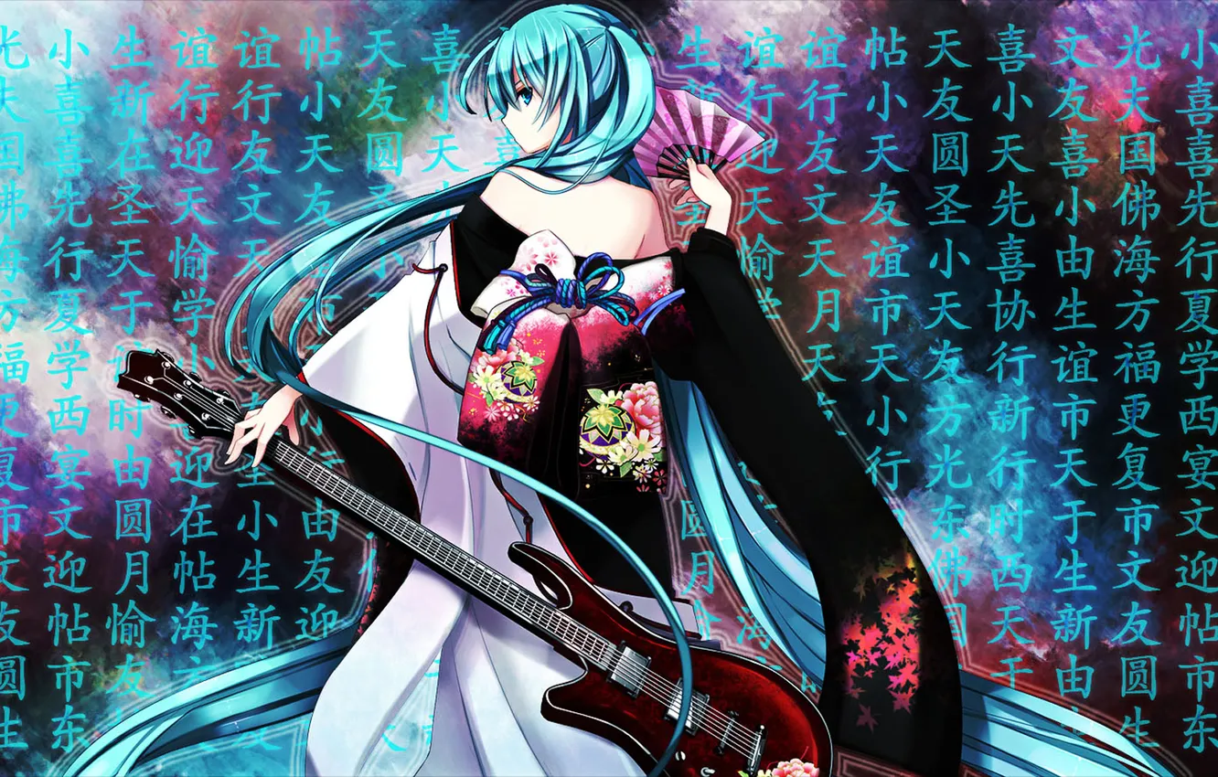 Photo wallpaper girl, guitar, fan, art, characters, kimono, vocaloid, hatsune miku