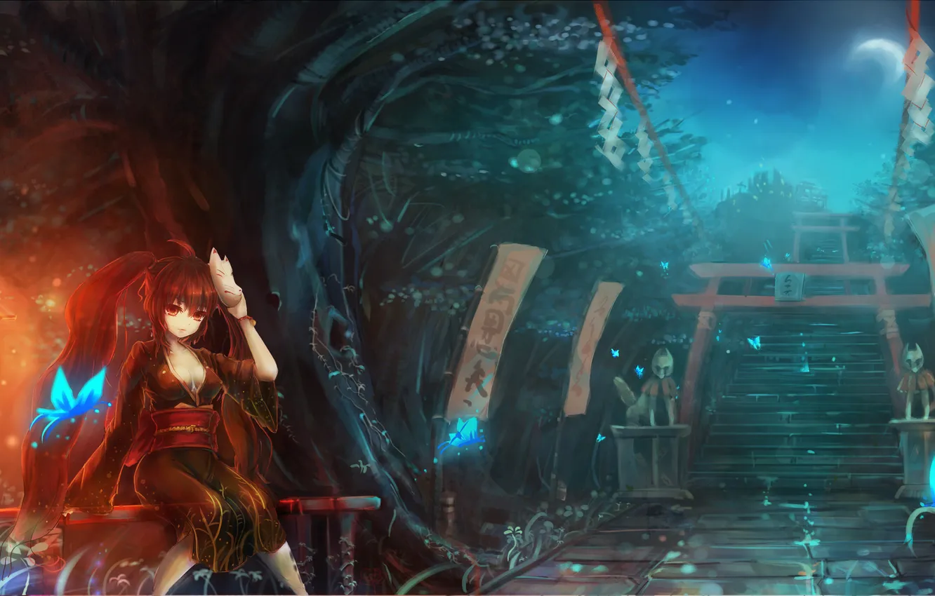 Photo wallpaper night, butterfly, mask, art, girl, temple, steps, vocaloid