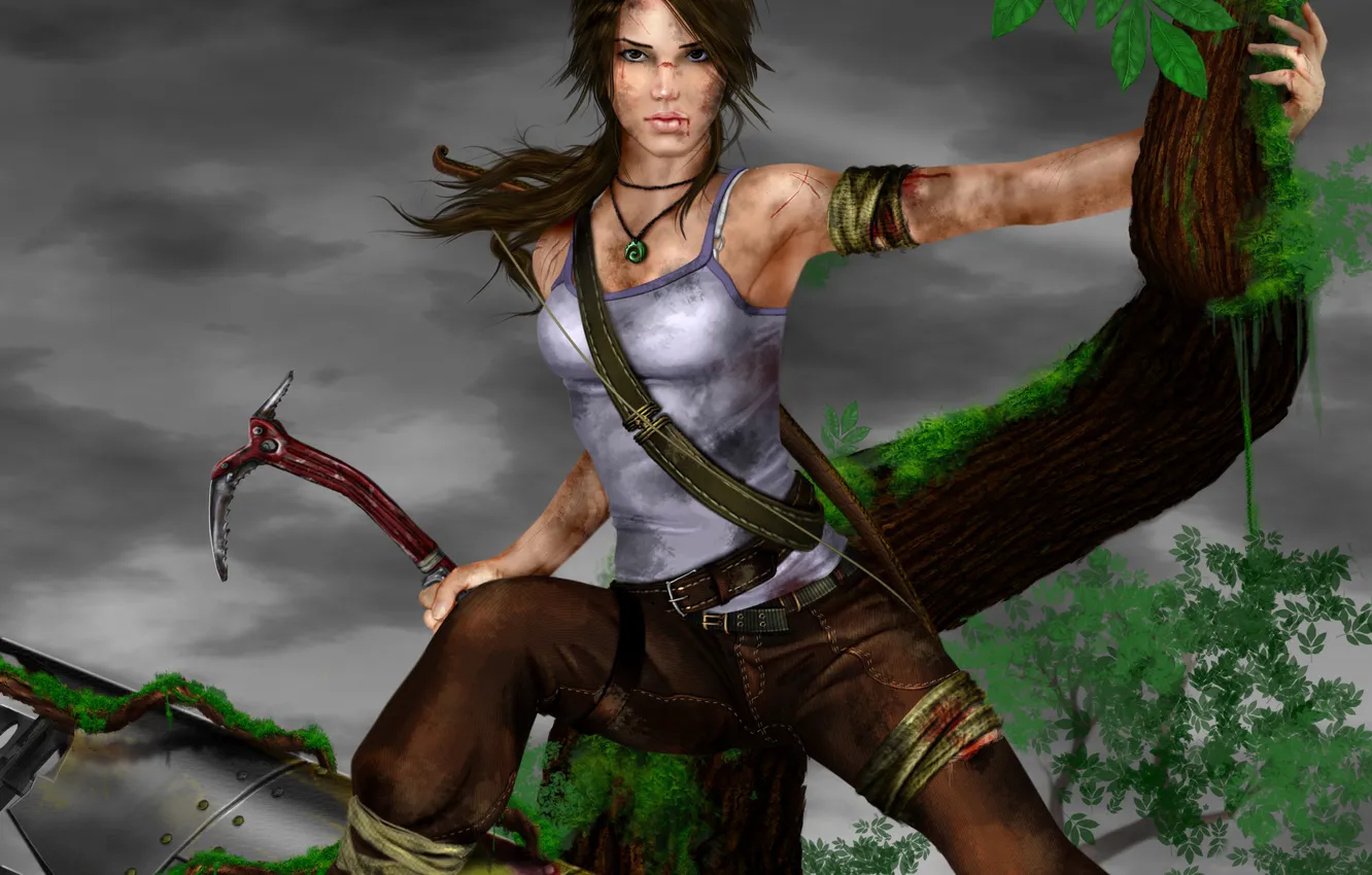 Photo wallpaper look, girl, trees, face, the game, dirt, Tomb Raider, the plane