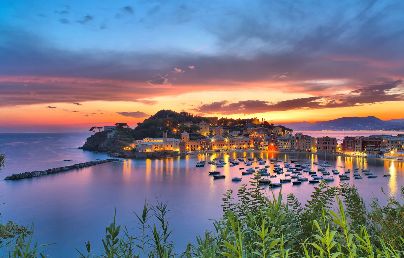 Photo wallpaper sea, sunset, building, home, Bay, Italy, boats, Italy