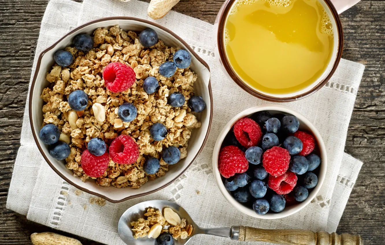 Photo wallpaper berries, raspberry, Breakfast, blueberries, juice, breakfast, cereal