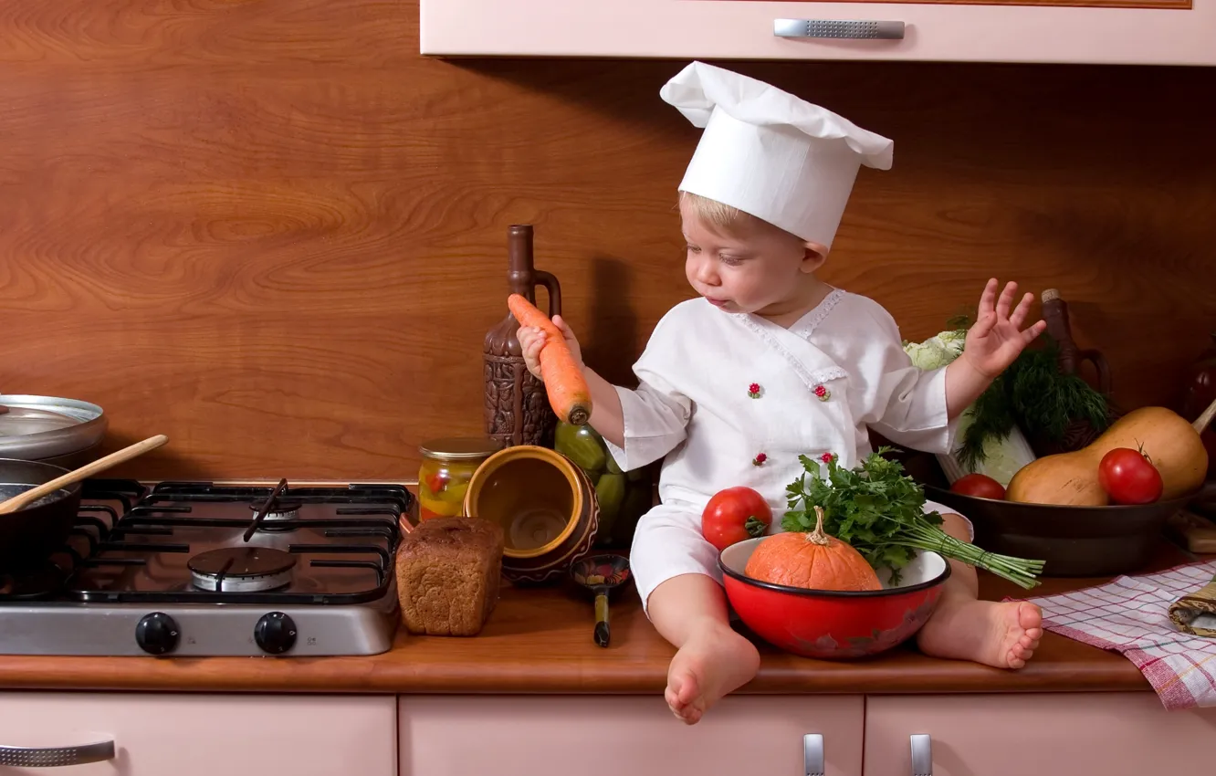 Photo wallpaper children, bread, kitchen, plate, pumpkin, cook, vegetables, tomatoes