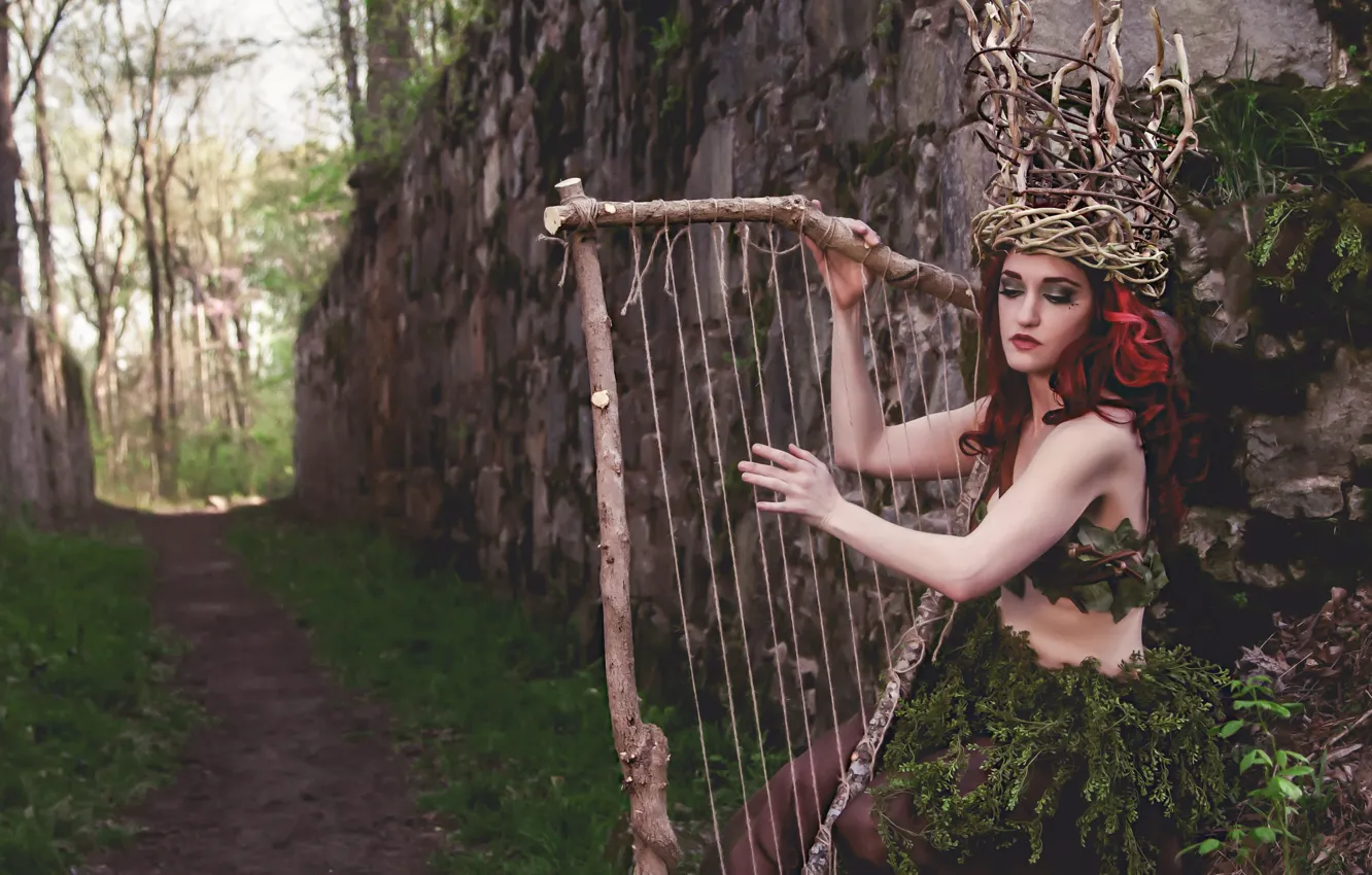 Photo wallpaper girl, nature, harp