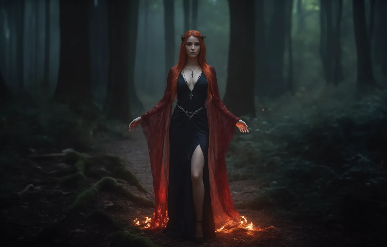 Photo wallpaper fire, girl, fantasy, forest, dreamy