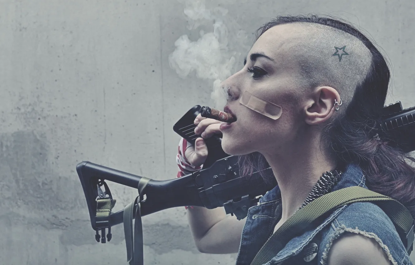 Photo wallpaper Girl, Star, Smoke, Hair, Cigaret, Gun Tattoo