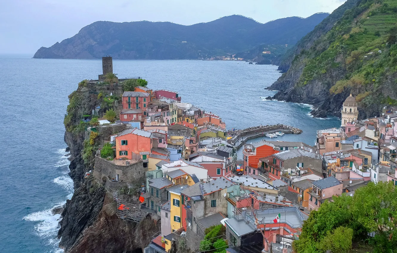 Photo wallpaper sea, trees, mountains, rocks, coast, home, Italy, Vernazza