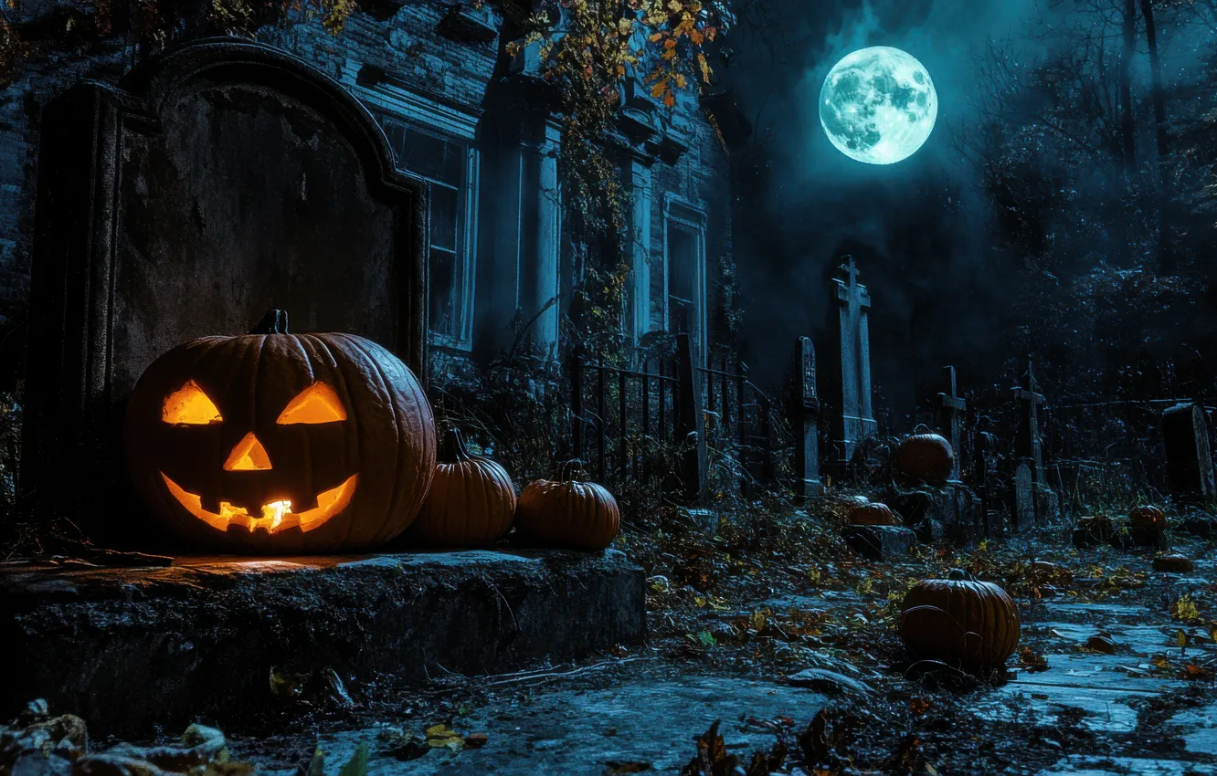 Photo wallpaper road, trees, night, the moon, home, cemetery, Halloween, pumpkin