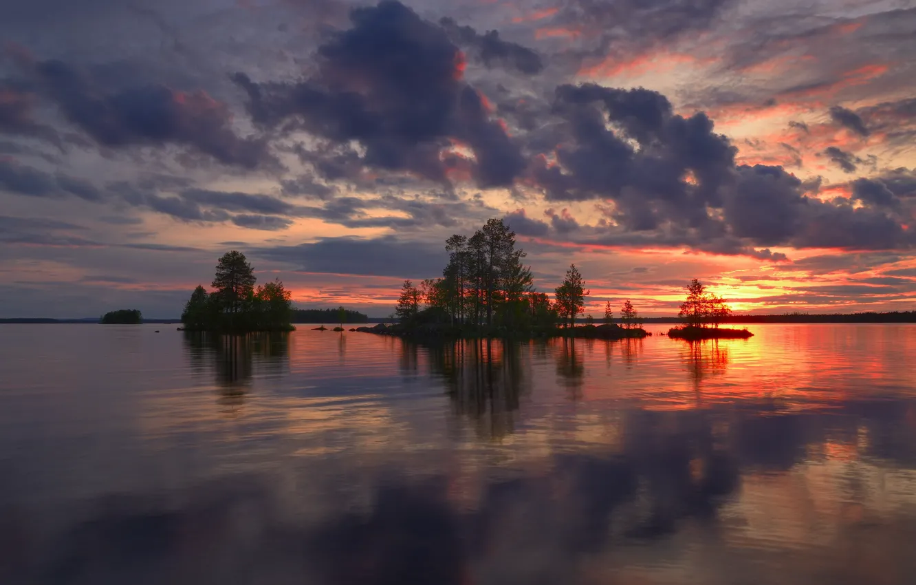 Photo wallpaper clouds, trees, landscape, night, nature, lake, glow, Finland