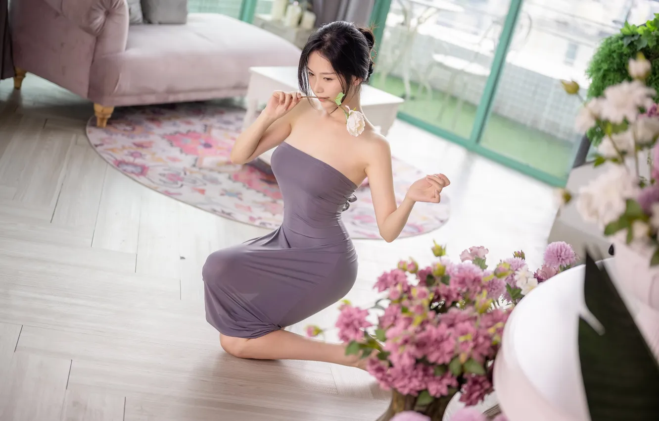 Photo wallpaper flowers, pose, model, portrait, interior, makeup, figure, dress