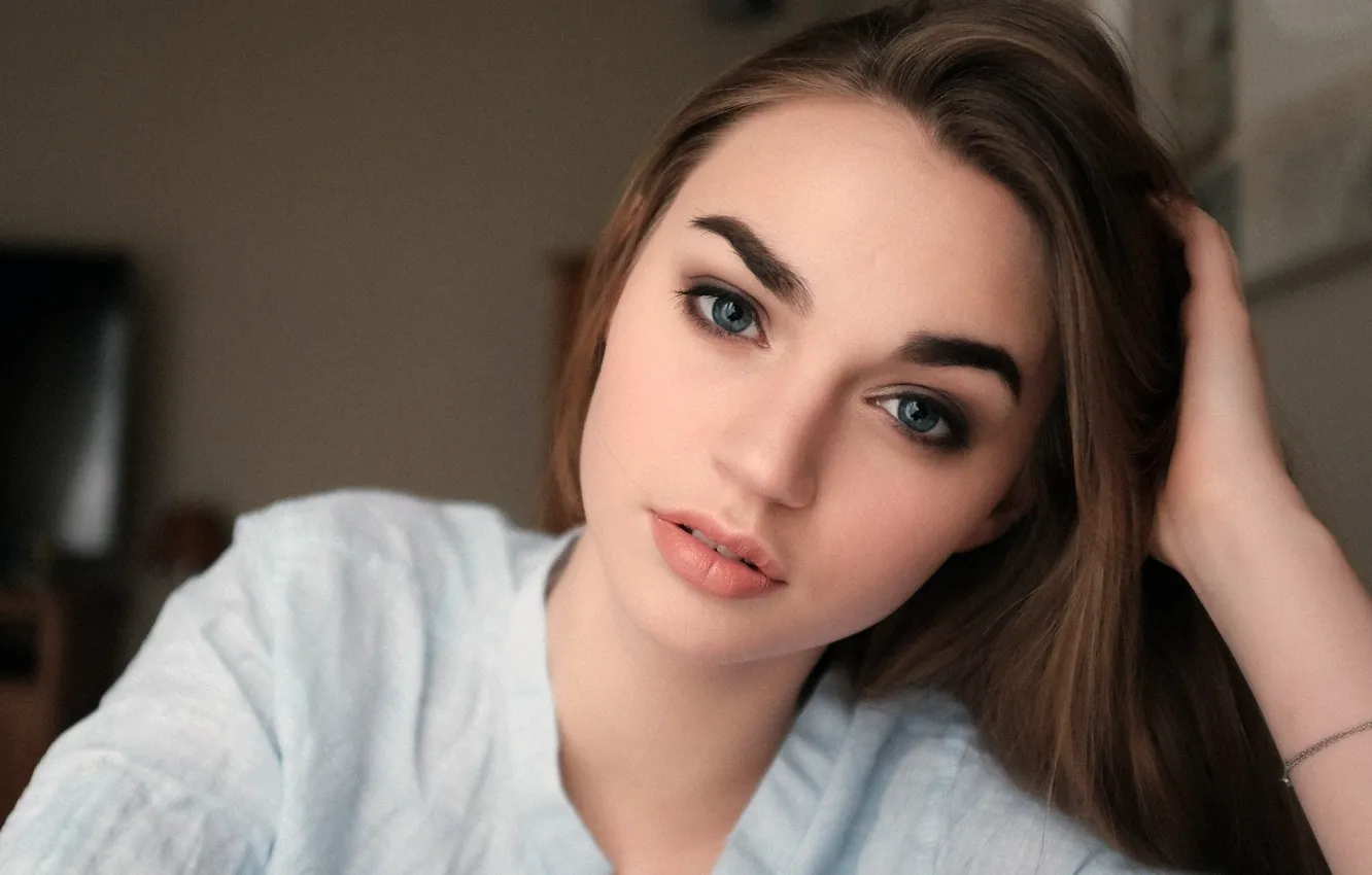 Photo wallpaper girl, long hair, photo, blue eyes, model, beauty, bokeh, lips