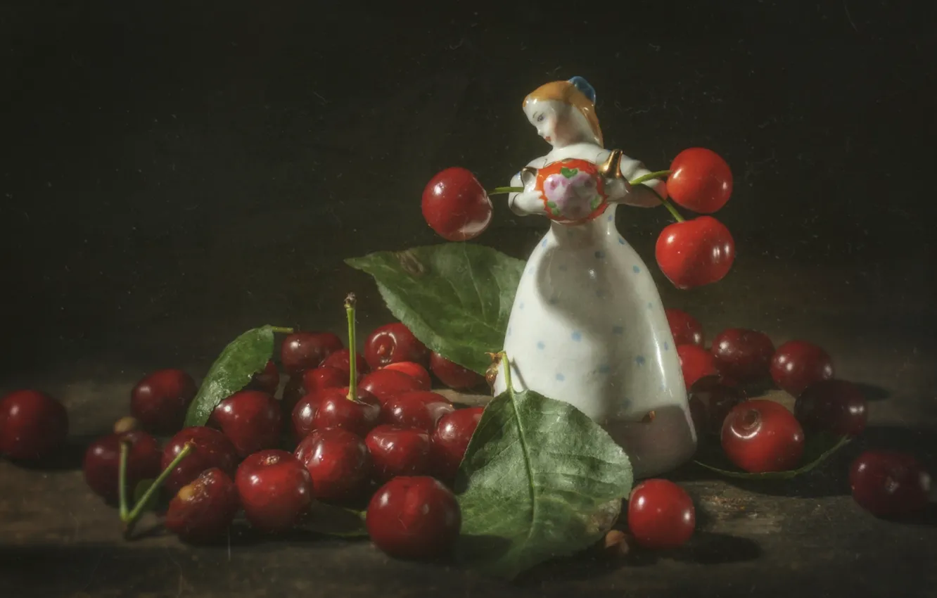Photo wallpaper leaves, girl, cherry, retro, berries, treatment, blur, still life