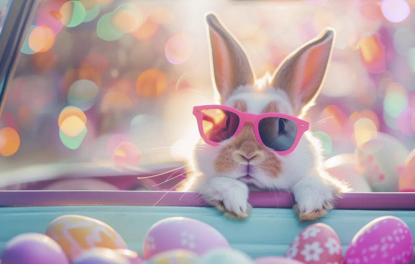 Photo wallpaper machine, light, glare, holiday, eggs, legs, rabbit, window