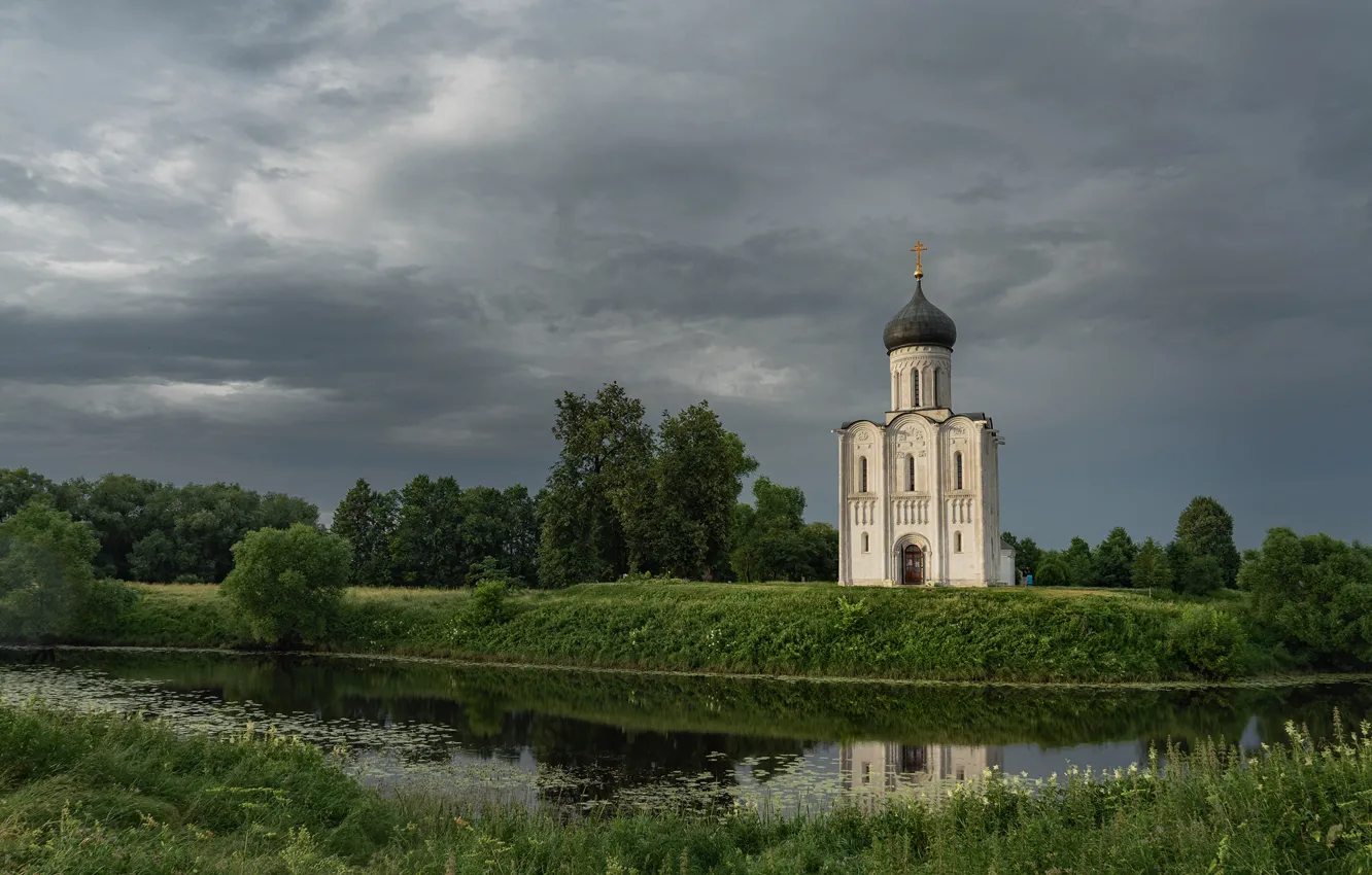 Photo wallpaper landscape, clouds, nature, river, Church, Bogolyubovo, Nerl