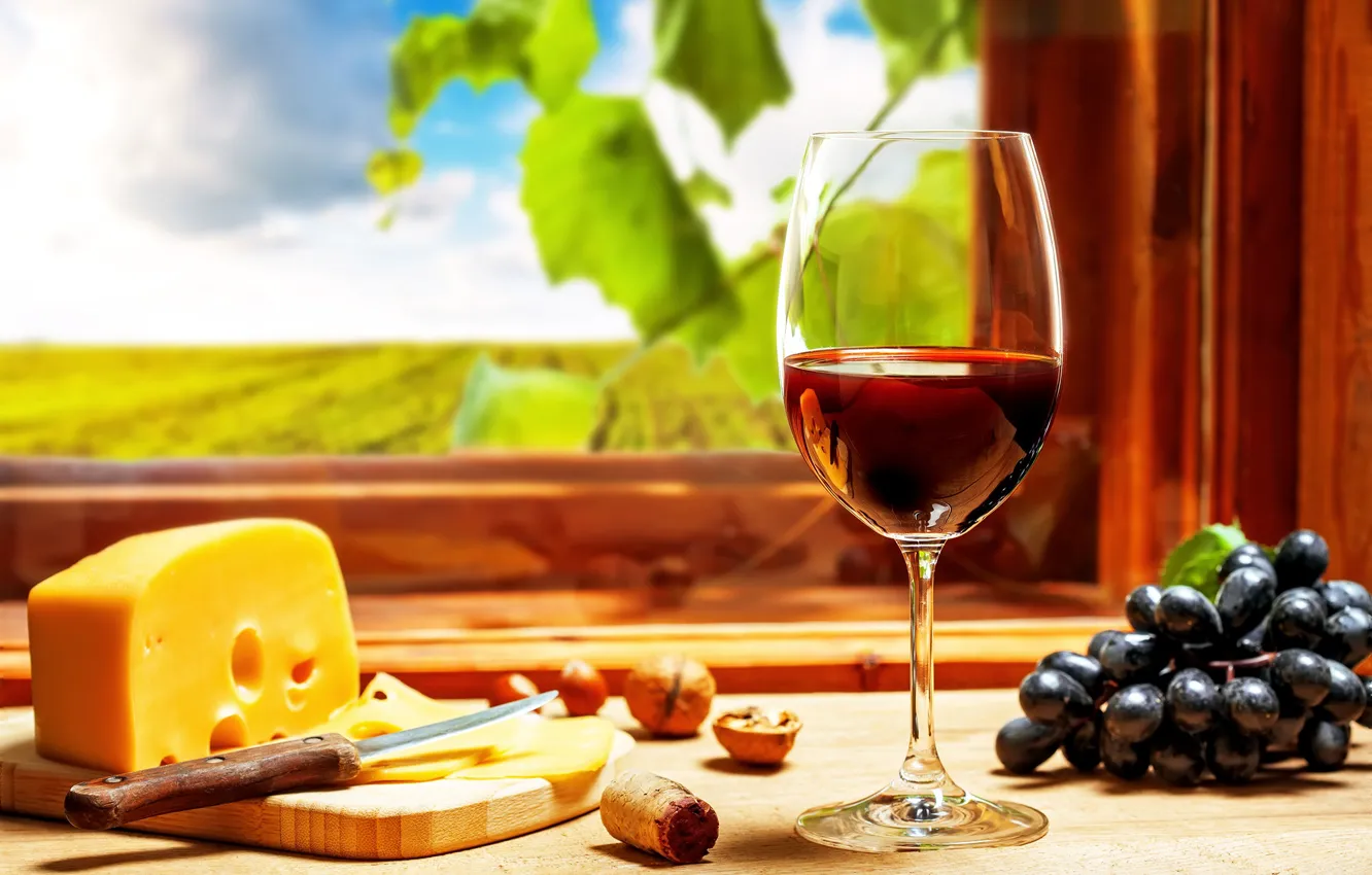 Photo wallpaper wine, glass, cheese, grapes