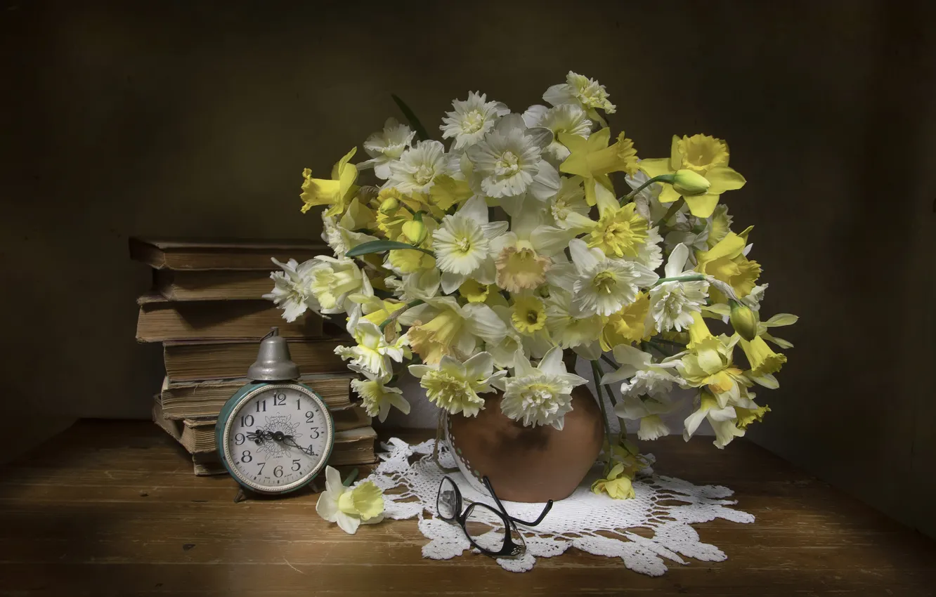 Photo wallpaper flowers, style, bouquet, alarm clock, glasses, book, still life, daffodils