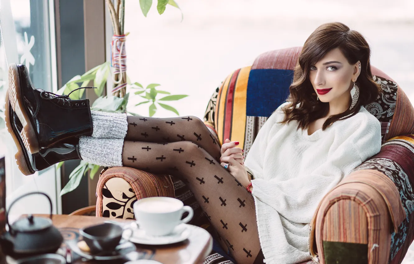 Photo wallpaper girl, young, coffee, cafe, drinking, trendy