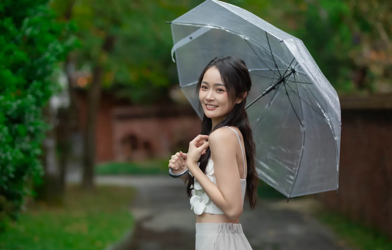 Photo wallpaper girl, smile, umbrella, Asian