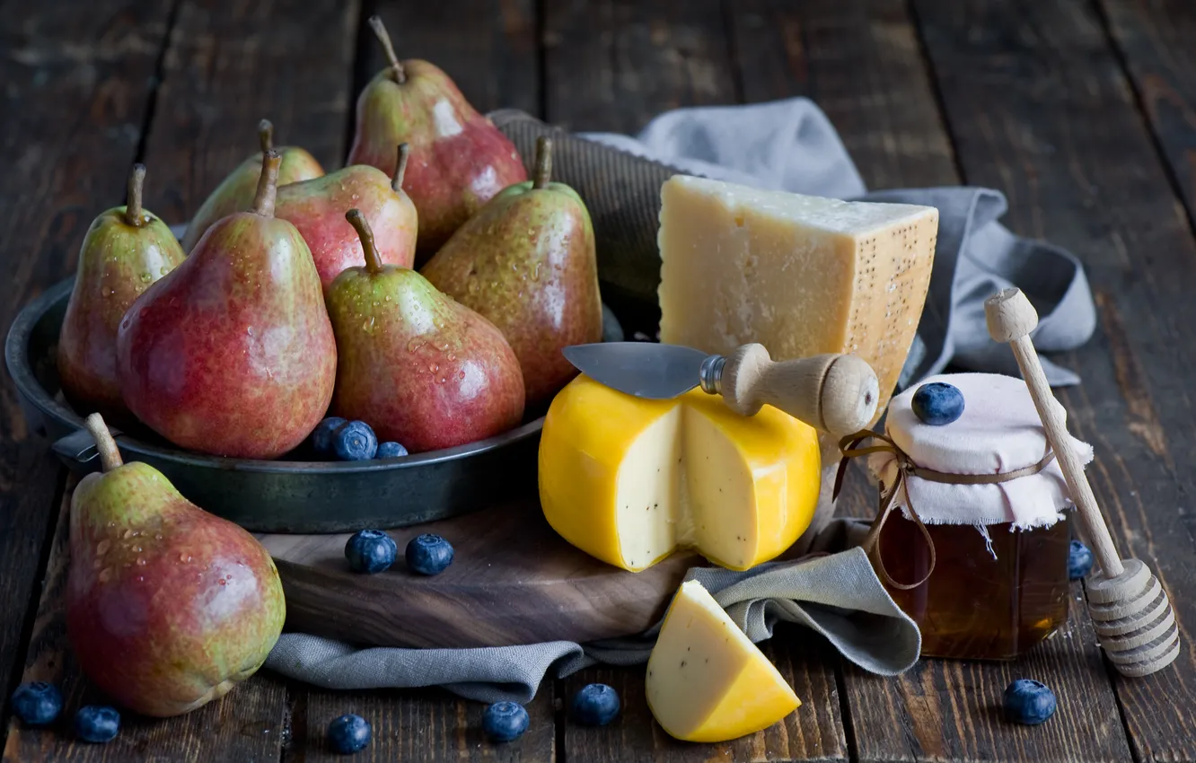 Photo wallpaper cheese, honey, pear, blueberries, Parmesan