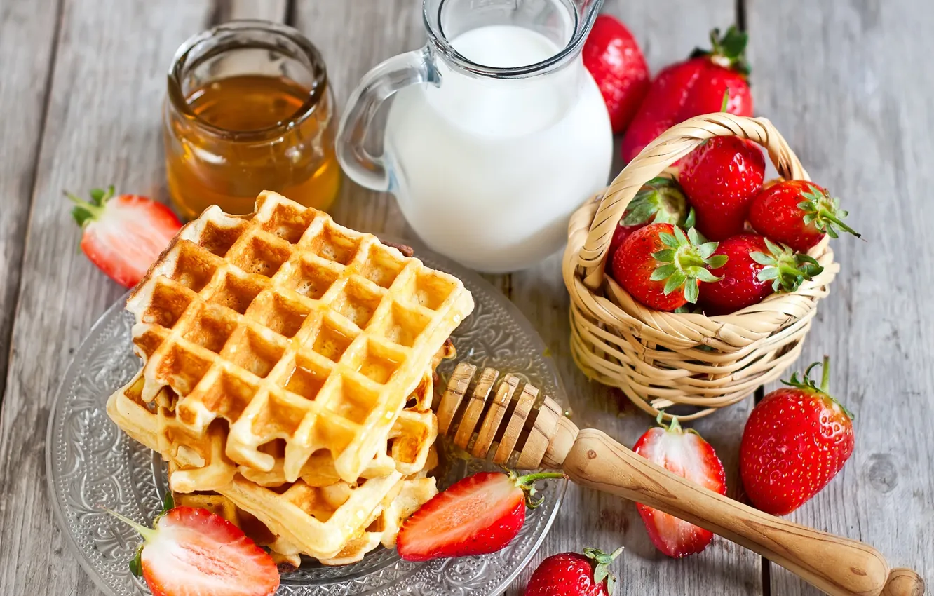 Photo wallpaper milk, strawberry, honey, waffles