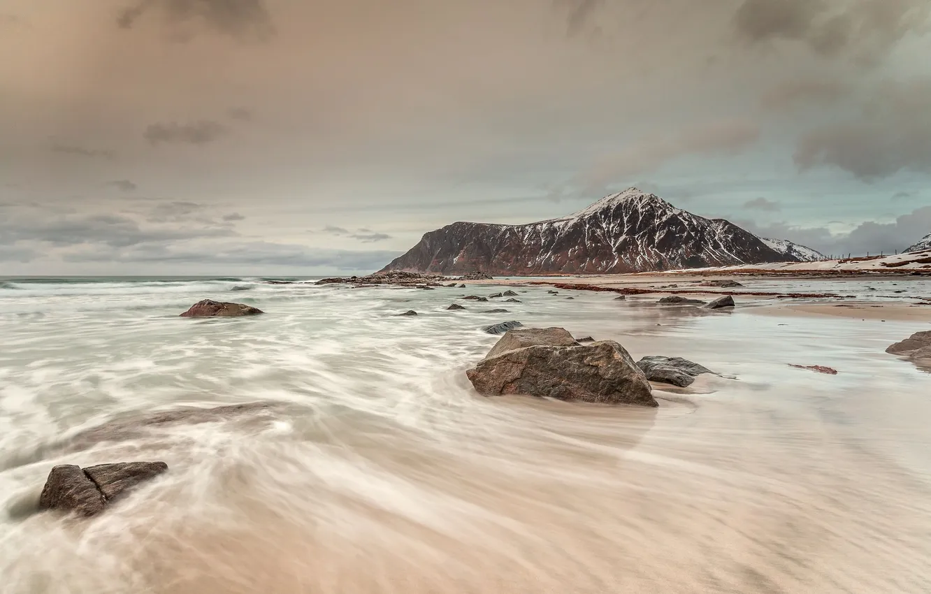 Photo wallpaper sea, the sky, mountains, stones, Norway