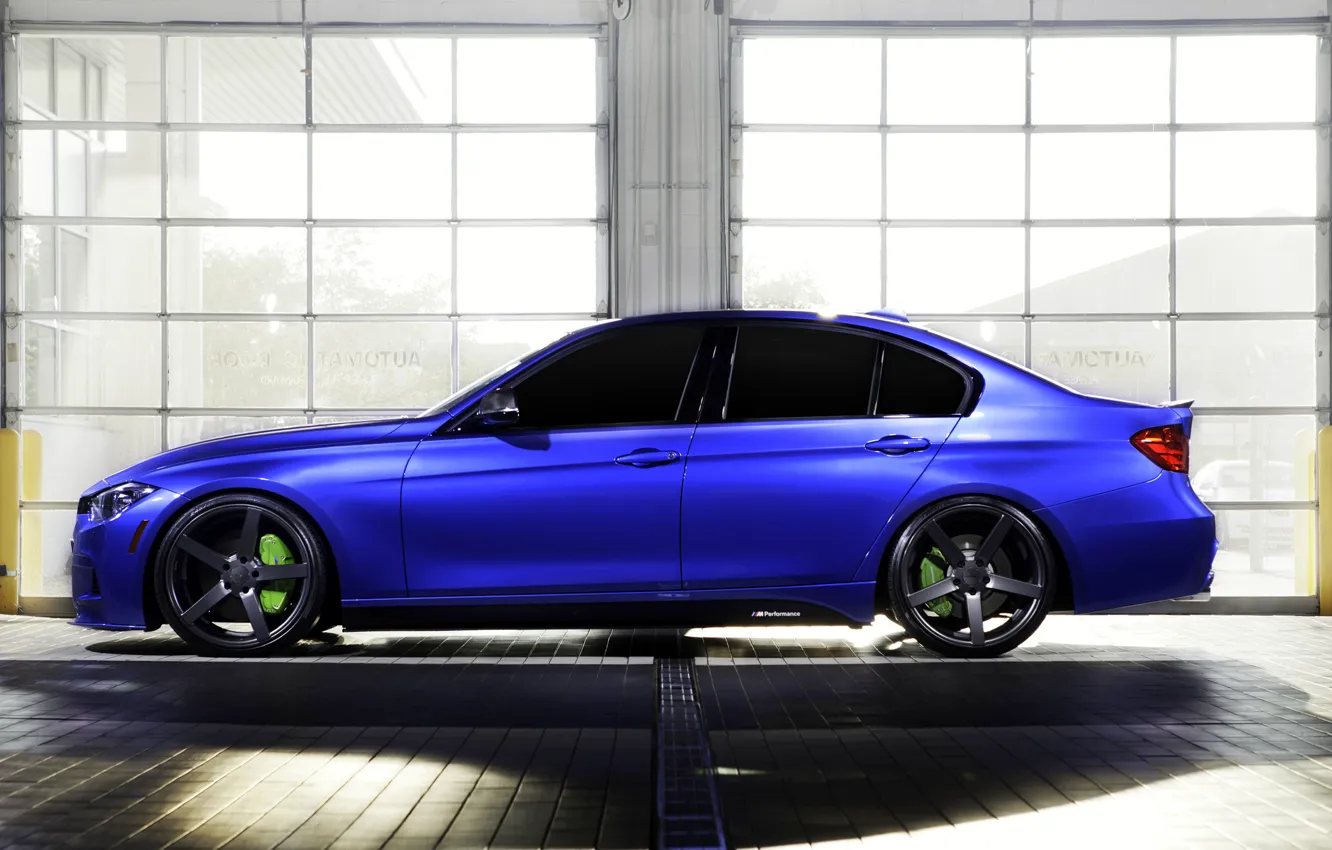 Photo wallpaper blue, BMW, BMW, wheels, side, blue, 335i, vossen