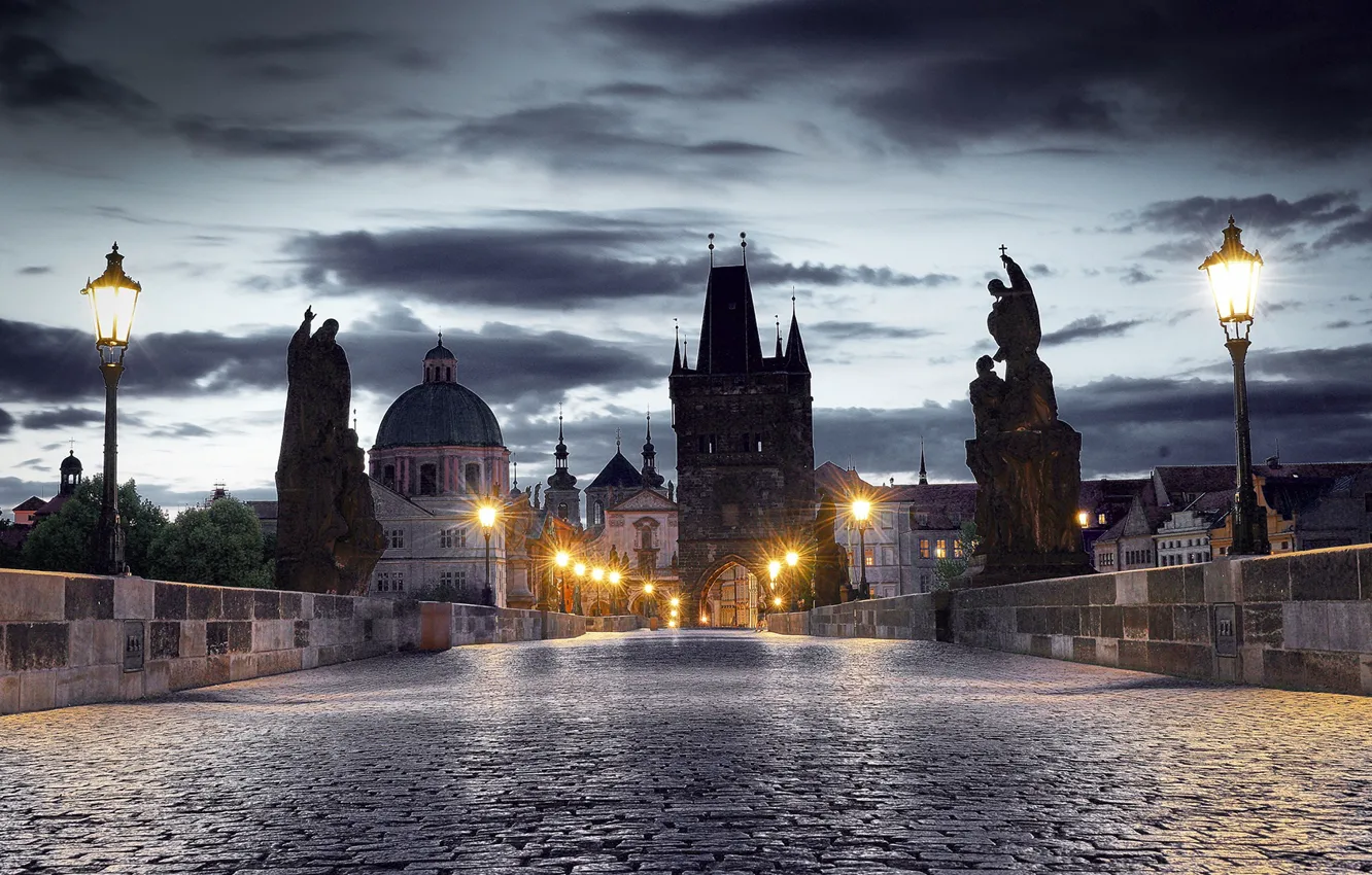 Photo wallpaper the sky, clouds, bridge, lights, home, the evening, Prague, Czech Republic