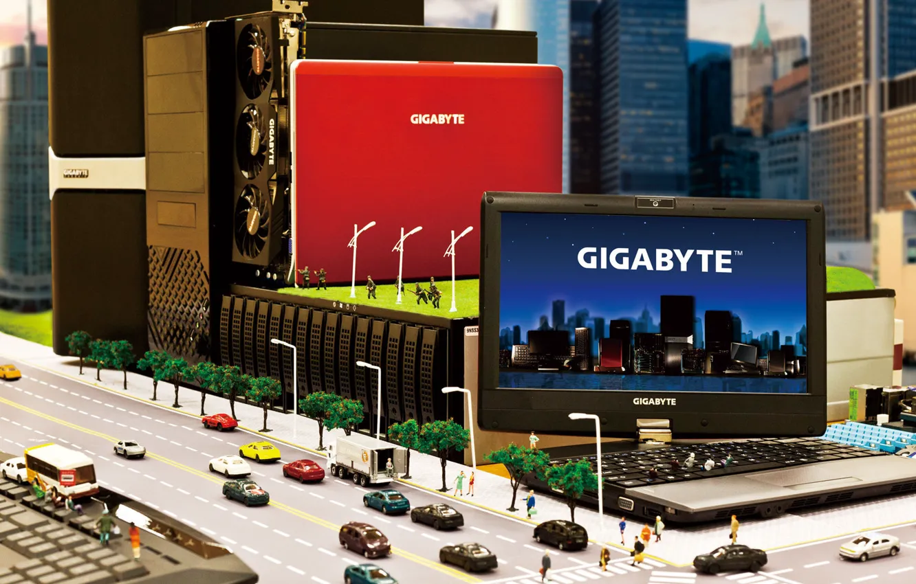 Photo wallpaper trees, machine, the city, street, doll, netbook, GIGABYTE