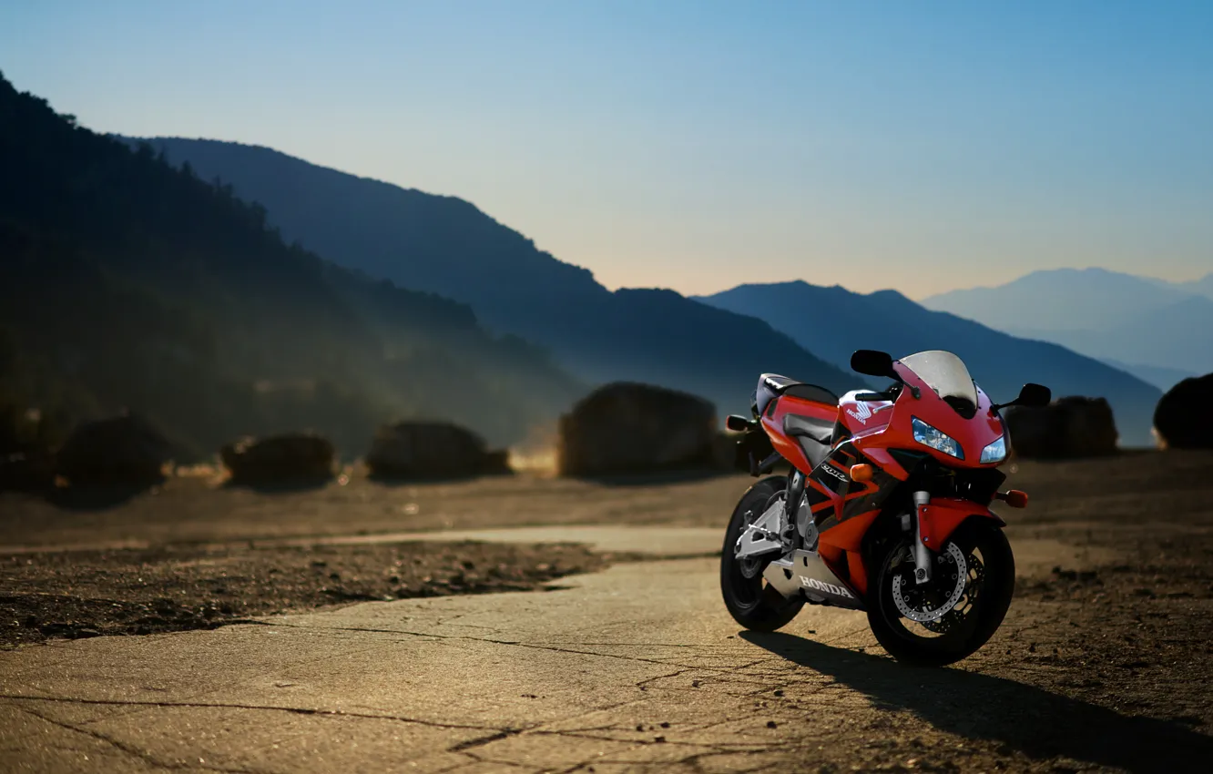 Photo wallpaper sunset, mountains, red, motorcycle, red, honda, bike, Honda