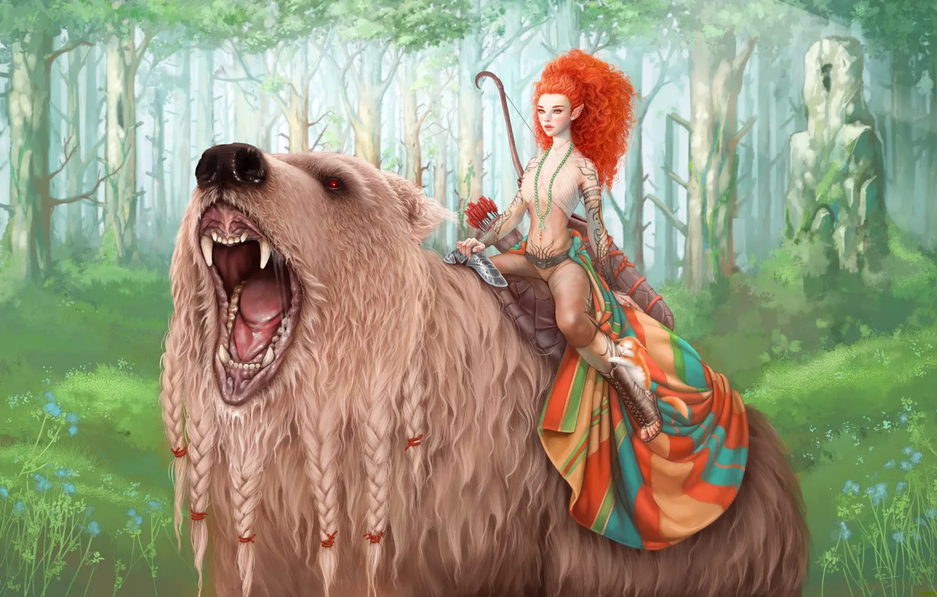 Photo wallpaper forest, girl, the game, bear, bow, fangs, grin, elf