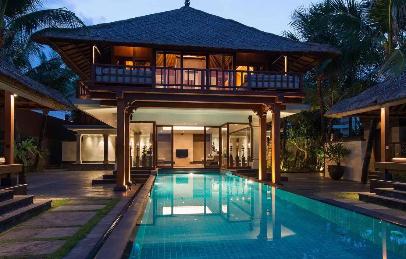 Photo wallpaper Villa, the evening, pool, lighting, Bali, Indonesia, architecture, resort