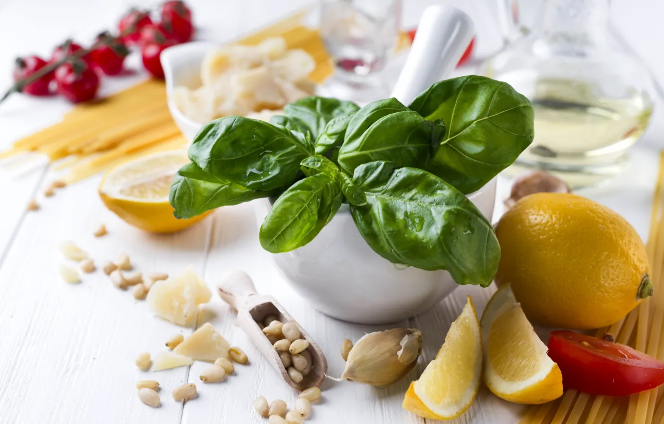 Photo wallpaper lemon, tomatoes, garlic, Parmesan, Basil