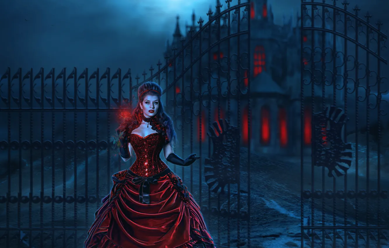 Photo wallpaper girl, night, castle, red, the moon, the fence, dress, Moon
