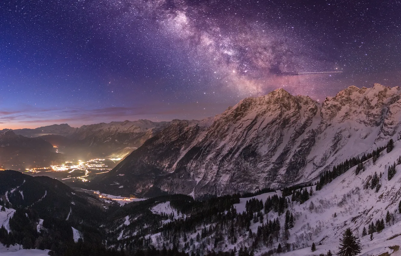 Photo wallpaper winter, forest, stars, snow, mountains, night, lights, view