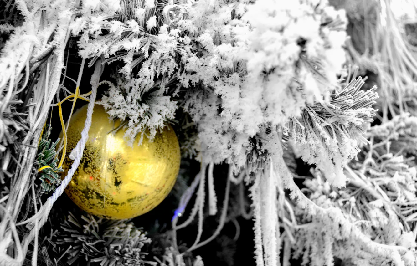Photo wallpaper snow, new year, Tree, Christmas toys, Christmas ball