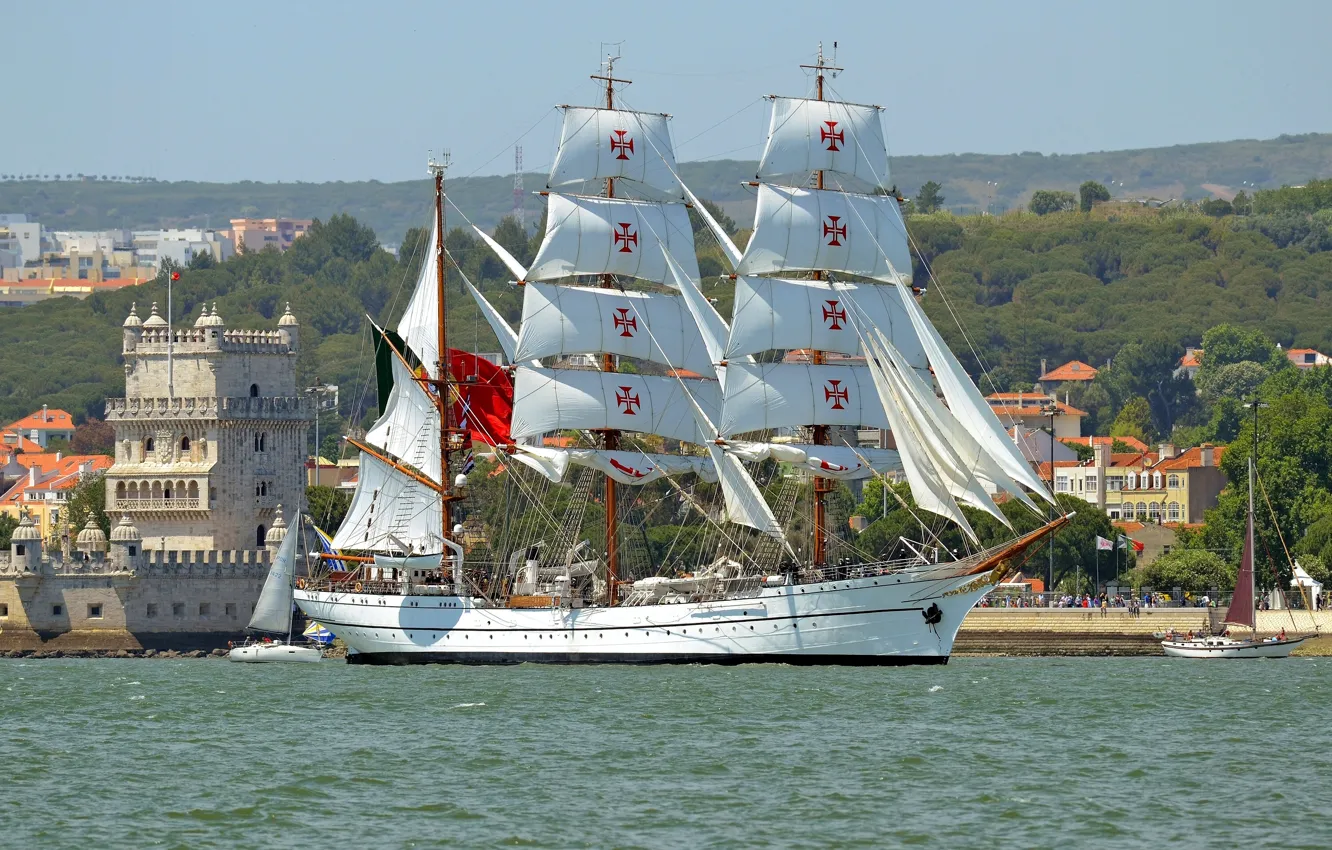 Photo wallpaper river, sailboat, yachts, Portugal, Lisbon, Portugal, Lisbon, Belém Tower