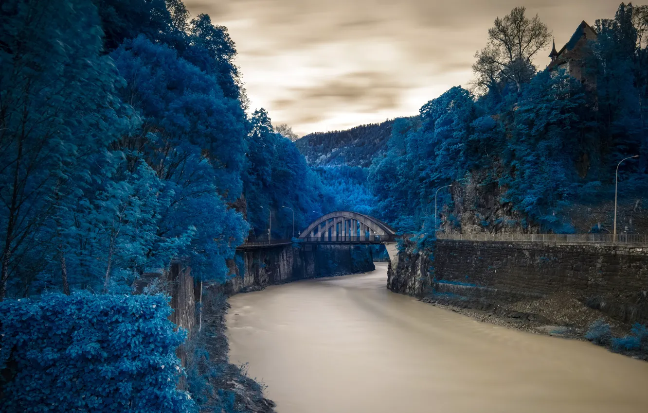 Photo wallpaper clouds, trees, landscape, blue, bridge, river, castle, foliage