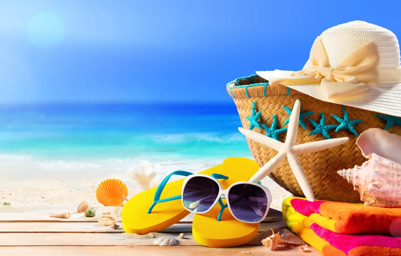 Photo wallpaper sand, sea, beach, summer, star, vacation, hat, glasses